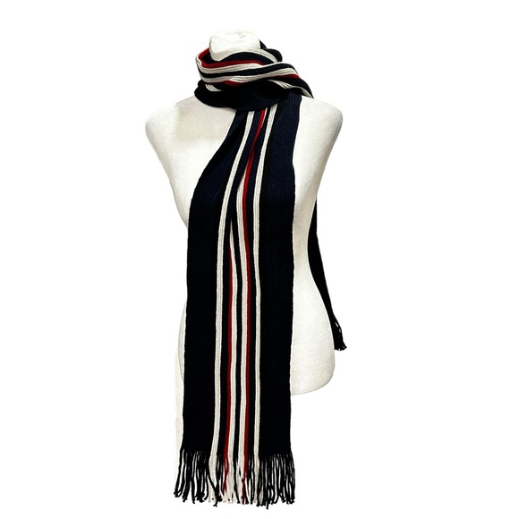 Vintage Tommy Hilfiger Embroidered Scarf Navy Blue With Red & White Stripes - Picture 2 of 6